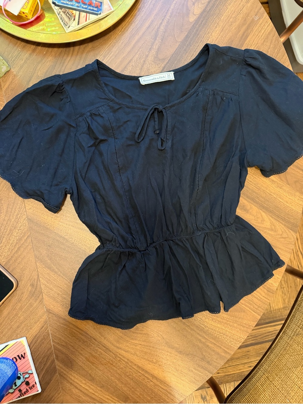 Abercrombie & Fitch Black Cinched Waist Short Sleeve Blouse